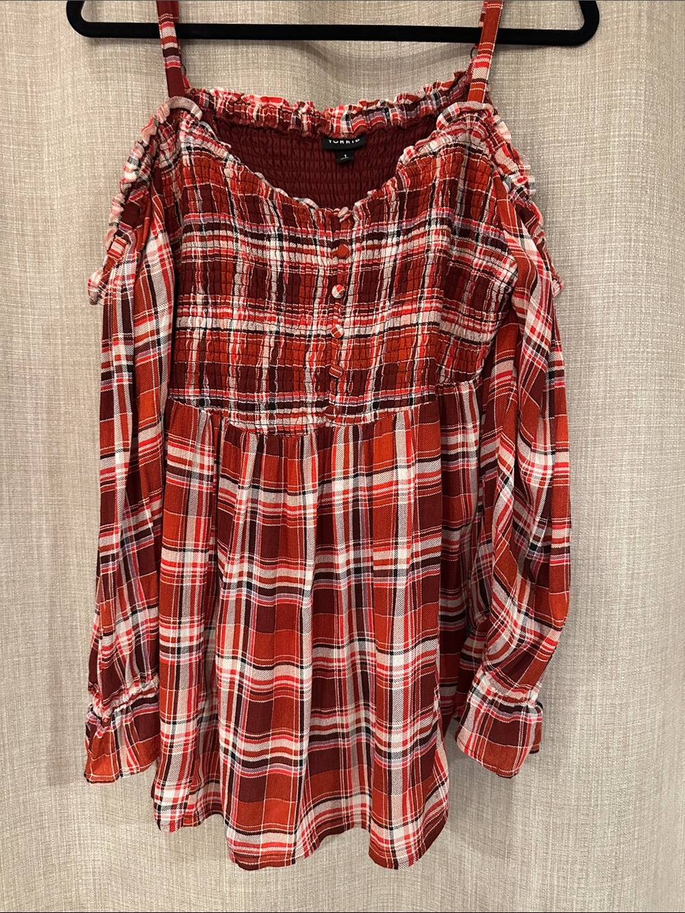 Torrid Orange/Red Plaid Cold-Shoulder Button Smocked Top